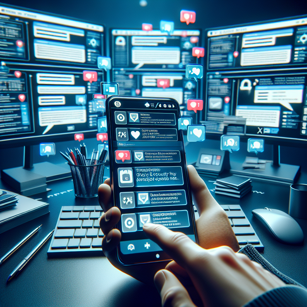 Illustration of Close-up of phone with chat bubbles and notifications in a Desktop with multiple monitors setting, with a creative mood.