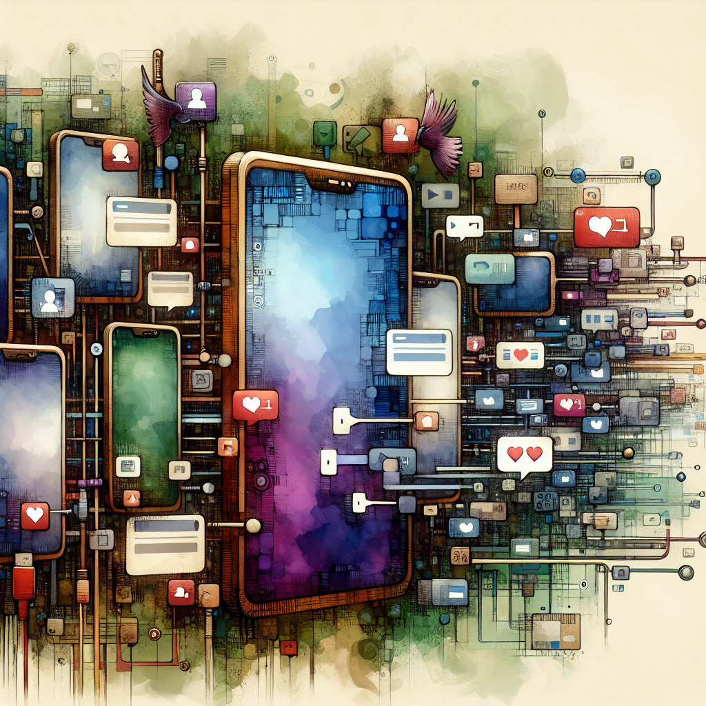 Illustration of Smartphone screen showing multiple chat apps open in a camera) setting, with a determined mood.