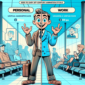Illustration of Split screen with personal and work chats in a Travel setting (airport lounge setting, with a happy mood.