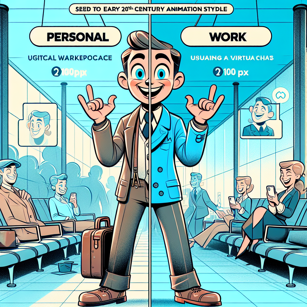 Illustration of Split screen with personal and work chats in a Travel setting (airport lounge setting, with a happy mood.