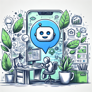 Illustration of Chatbot icon assisting user on phone screen in a eco-friendly office setting, with a creative mood.