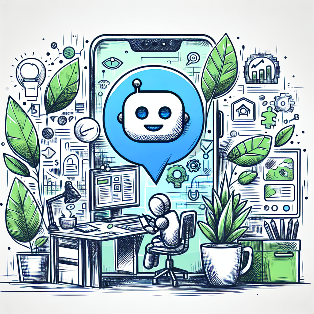 Illustration of Chatbot icon assisting user on phone screen in a eco-friendly office setting, with a creative mood.