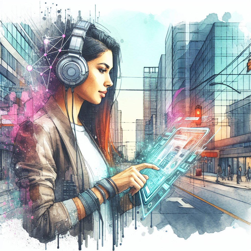 Illustration of Agent using XAPP interface with headset in a Urban street view setting, with a creative mood.