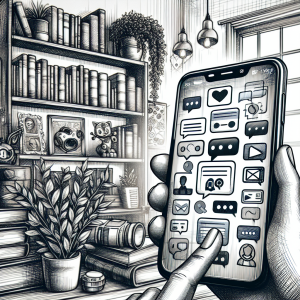 Illustration of Smartphone screen showing multiple chat apps open in a Bookshelves and creative decor setting, with a creative mood.