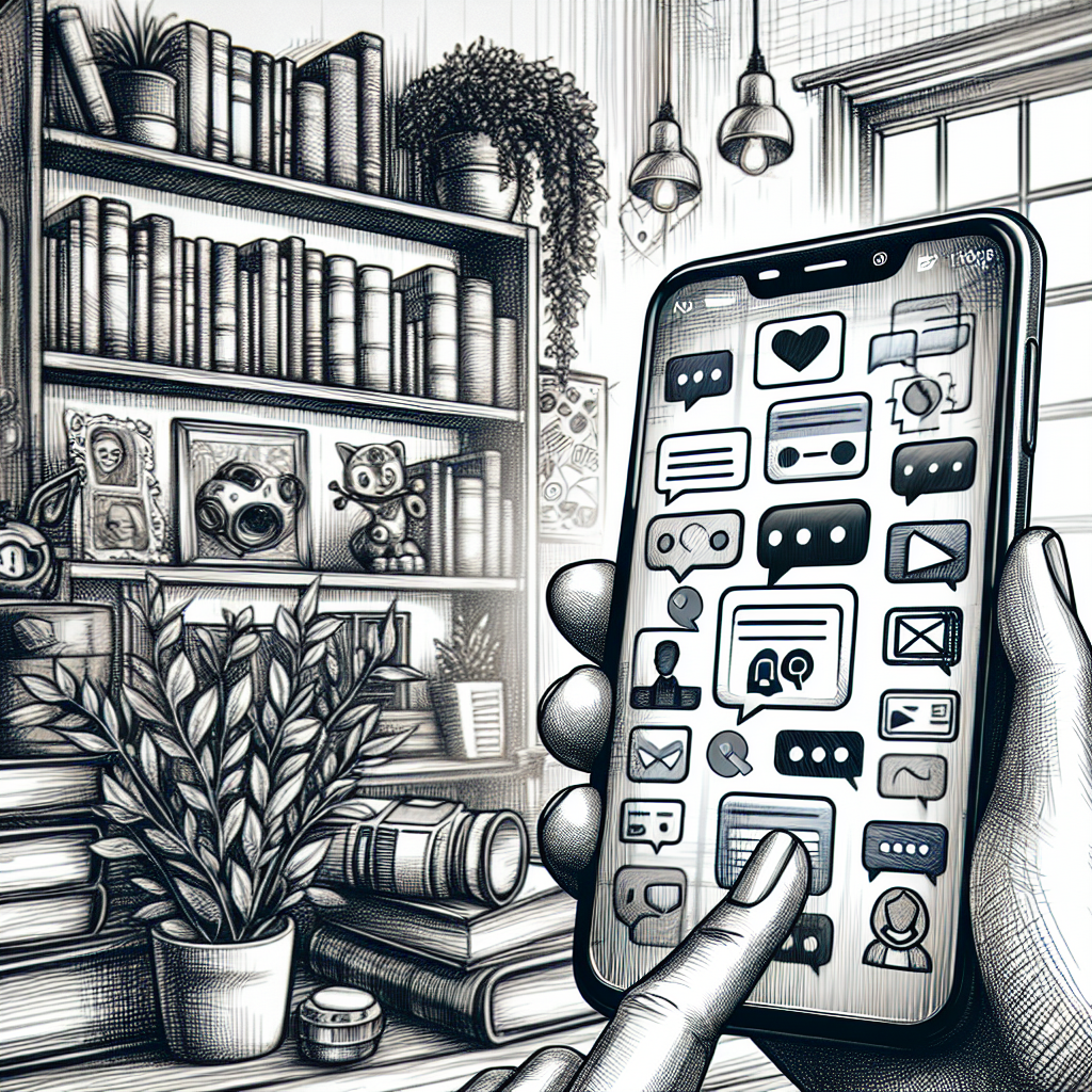 Illustration of Smartphone screen showing multiple chat apps open in a Bookshelves and creative decor setting, with a creative mood.