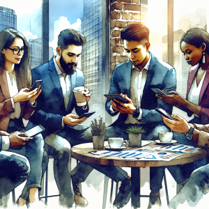Illustration of Business team collaborating via messaging apps in a Café / Coffee shop setting, with a determined mood.