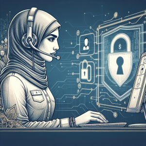 Illustration of Agent using XAPP interface with headset in a camera) setting, with a determined mood.