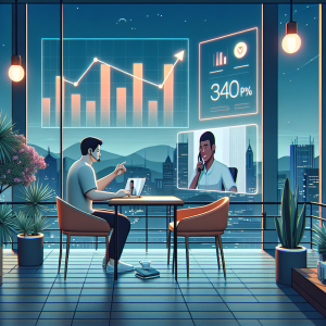 Illustration of Virtual assistant in video call with client in a Rooftop terrace setting, with a focused mood.