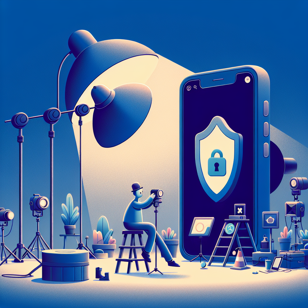 Illustration of Privacy shield icon over smartphone in a camera) setting, with a determined mood.