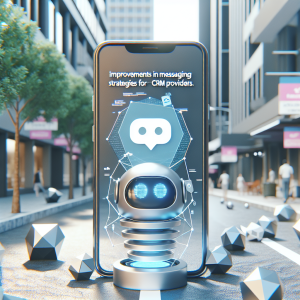 Illustration of Chatbot icon assisting user on phone screen in a Urban street view setting, with a creative mood.