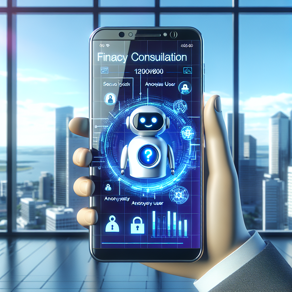 Illustration of Chatbot icon assisting user on phone screen in a Cityscape through window setting, with a happy mood.