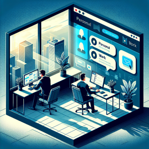 Illustration of Split screen with personal and work chats in a Cityscape through window setting, with a focused mood.