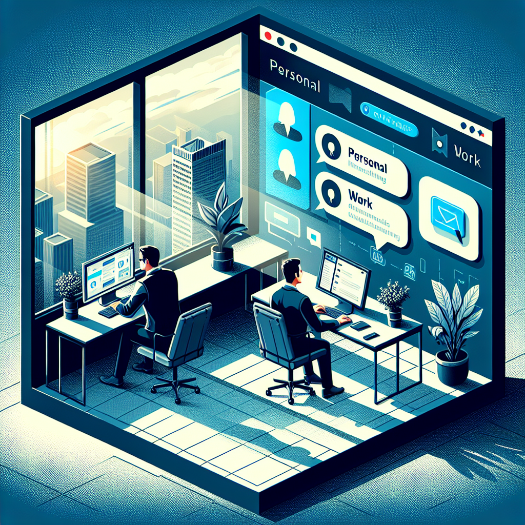 Illustration of Split screen with personal and work chats in a Cityscape through window setting, with a focused mood.