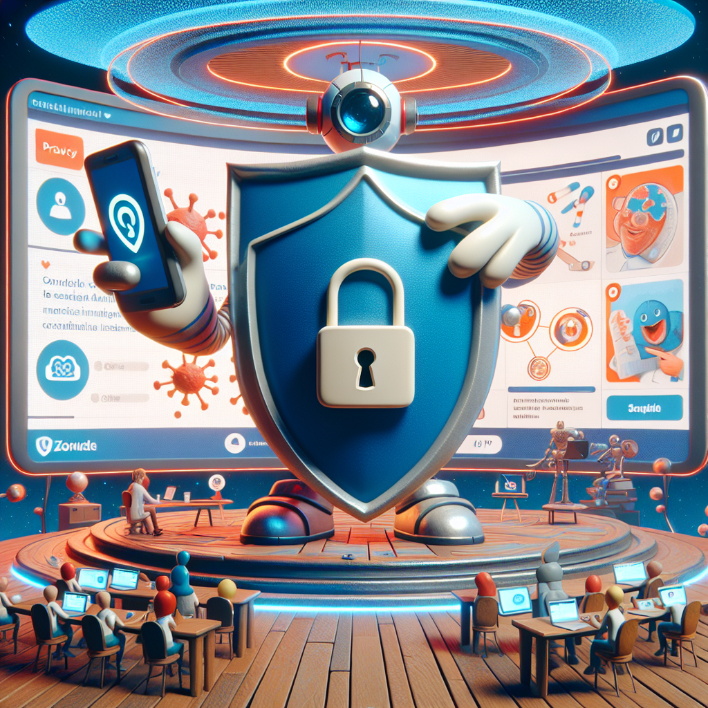 Illustration of Privacy shield icon over smartphone in a Online webinar/event backdrop setting, with a creative mood.