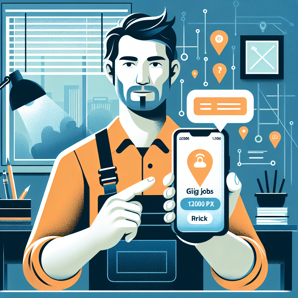 Illustration of Person holding smartphone showing virtual phone number in a Home office setting, with a inspired mood.