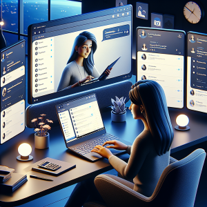 Illustration of Freelancer using laptop with messaging dashboard in a Desktop with multiple monitors setting, with a relaxed mood.