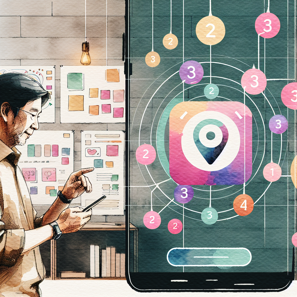 Illustration of Person holding smartphone showing virtual phone number in a Wall with inspiration board / post-its setting, with a relaxed mood.