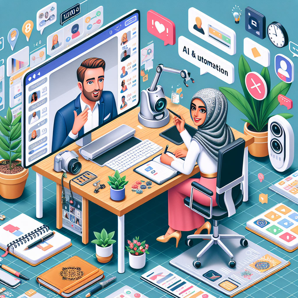 Illustration of Virtual assistant in video call with client in a Desk with planner and plants setting, with a creative mood.