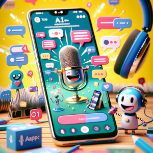 Illustration of Close-up of phone with chat bubbles and notifications in a mic setting, with a happy mood.