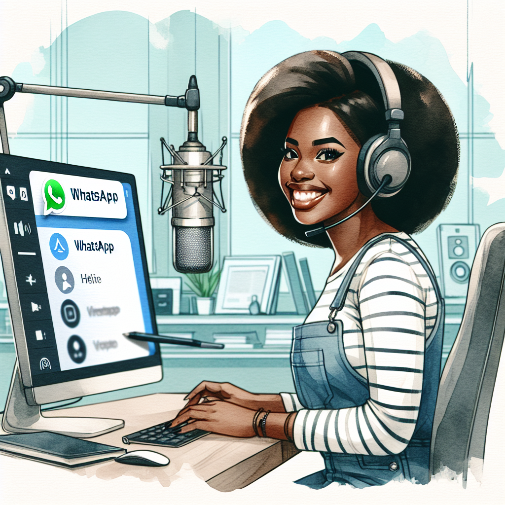 Illustration of Customer support agent replying to WhatsApp on desktop in a mic setting, with a happy mood.