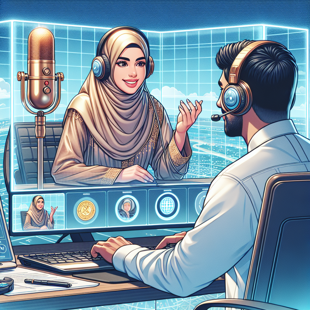 Illustration of Virtual assistant in video call with client in a mic setting, with a relaxed mood.