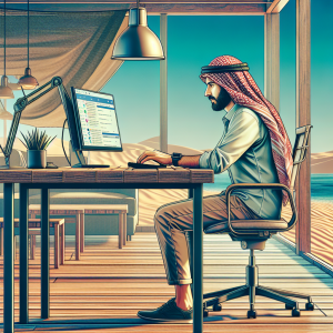 Illustration of Digital nomad on beach using chat tool in a Home office setting, with a determined mood.