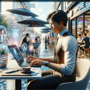 Illustration of Remote worker managing chats in café in a Urban street view setting, with a determined mood.