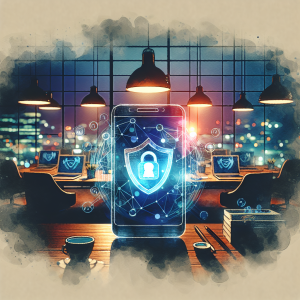 Illustration of Privacy shield icon over smartphone in a Night workspace with ambient lighting setting, with a creative mood.