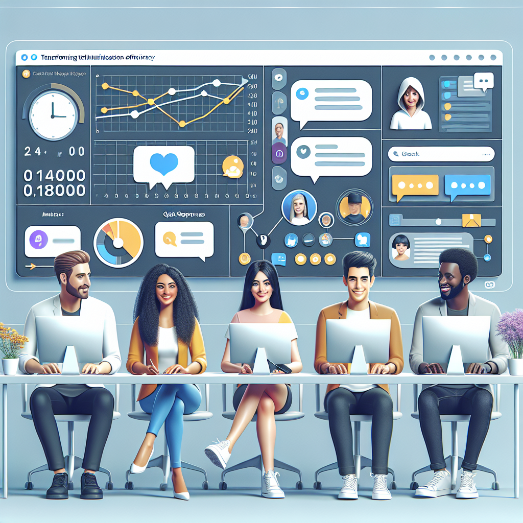 Illustration of Team managing social media messages from dashboard in a Minimalist tech workspace setting, with a happy mood.