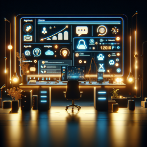 Illustration of Dashboard with chat queue and agent assignment in a Night workspace with ambient lighting setting, with a determined mood.