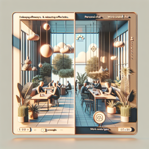 Illustration of Split screen with personal and work chats in a Café / Coffee shop setting, with a relaxed mood.