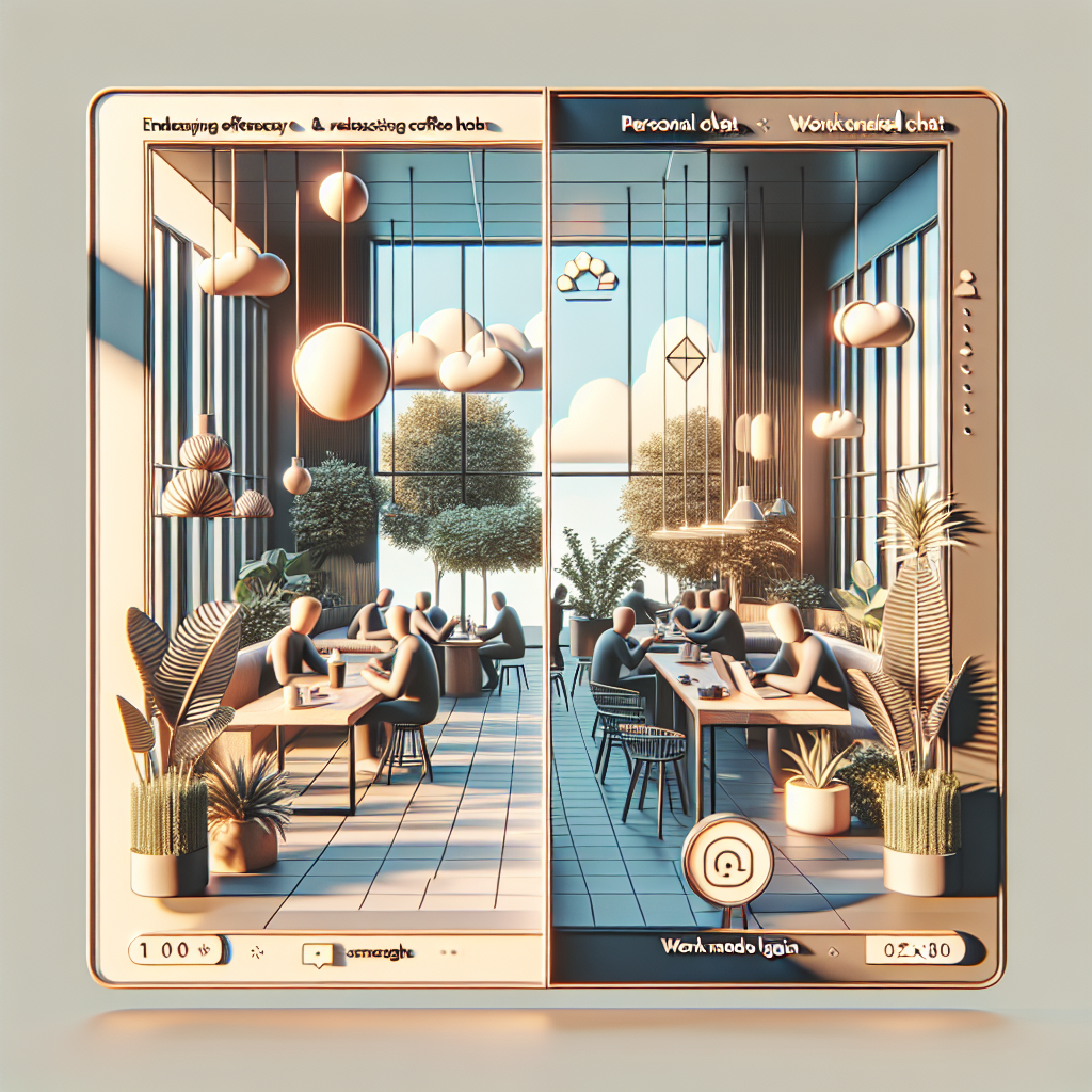 Illustration of Split screen with personal and work chats in a Café / Coffee shop setting, with a relaxed mood.