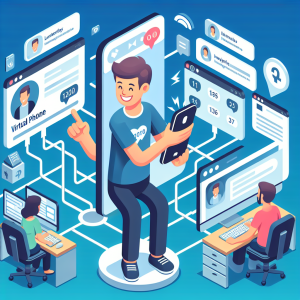 Illustration of Person holding smartphone showing virtual phone number in a Desktop with multiple monitors setting, with a happy mood.