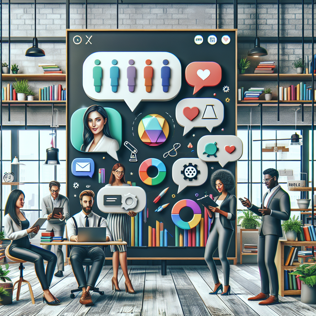 Illustration of Business team collaborating via messaging apps in a Bookshelves and creative decor setting, with a creative mood.
