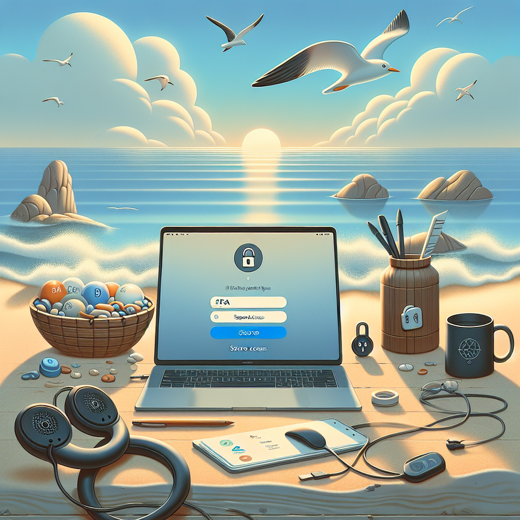 Illustration of Login screen with 2FA and secure access visuals in a Beach with laptop setting, with a happy mood.