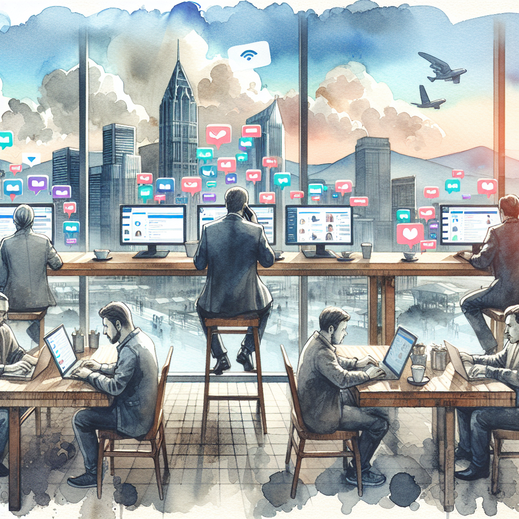 Illustration of Remote worker managing chats in café in a Desktop with multiple monitors setting, with a focused mood.