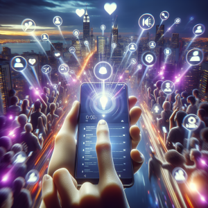 Illustration of hand holding phone with notifications in a city skyline at night setting, with a focused mood.