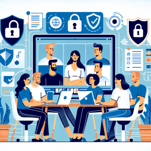 Illustration of Team on video call in a Home office setting, with a focused mood.