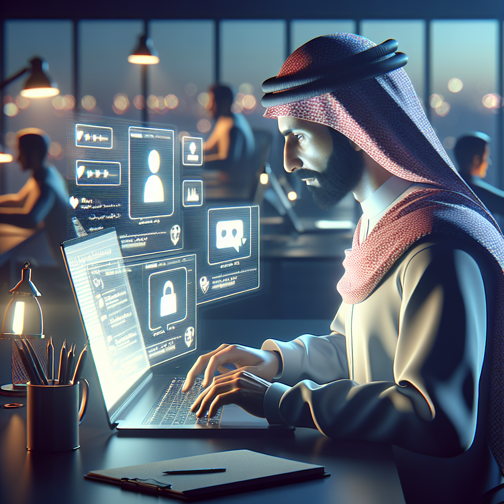 Illustration of Freelancer using laptop with messaging dashboard in a Night workspace with ambient lighting setting, with a focused mood.