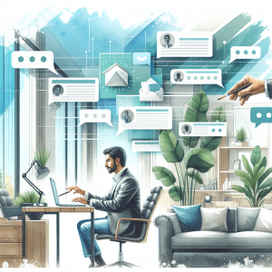 Illustration of Person switching between messaging accounts in a Modern apartment interior setting, with a focused mood.