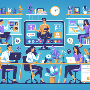 Illustration of Team on video call in a Home office setting, with a focused mood.