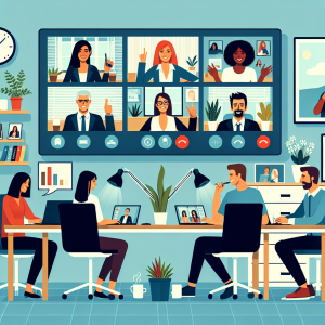 Illustration of Team on video call in a Home office setting, with a focused mood.