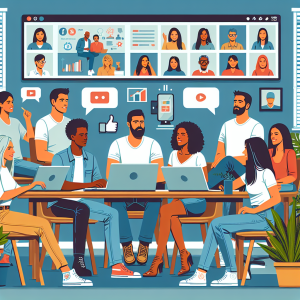 Illustration of Team on video call in a Home office setting, with a focused mood.