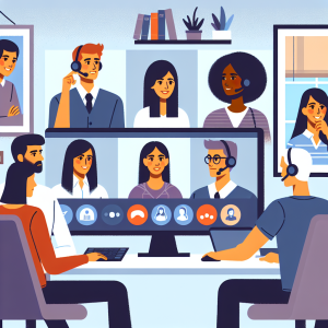 Illustration of Team on video call in a Home office setting, with a focused mood.
