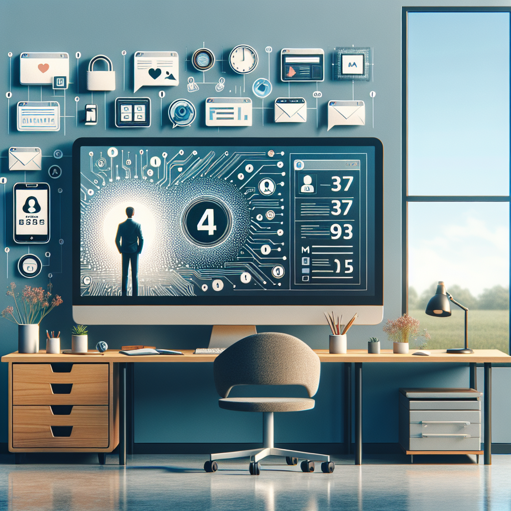 Illustration of virtual phone number concept on screen in a home office desk setting, with a determined mood.