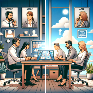Illustration of Team on video call in a Home office setting, with a focused mood.