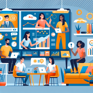 Illustration of Team on video call in a Home office setting, with a focused mood.