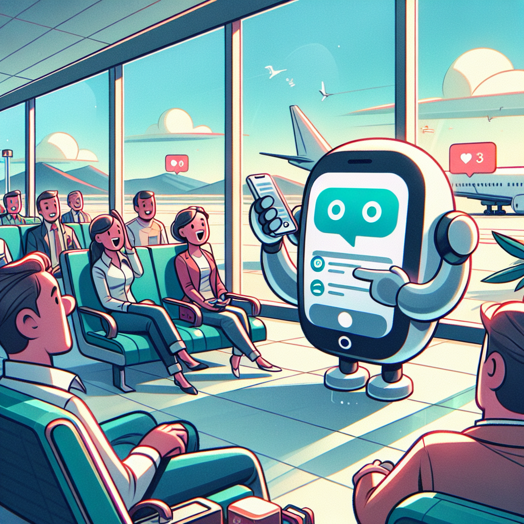 Illustration of Chatbot icon assisting user on phone screen in a Travel setting (airport lounge setting, with a happy mood.