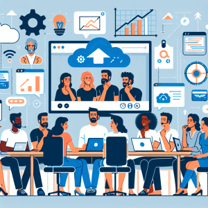 Illustration of Team on video call in a Home office setting, with a focused mood.