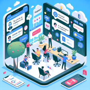 Illustration of Split screen with personal and work chats in a Home office setting, with a happy mood.